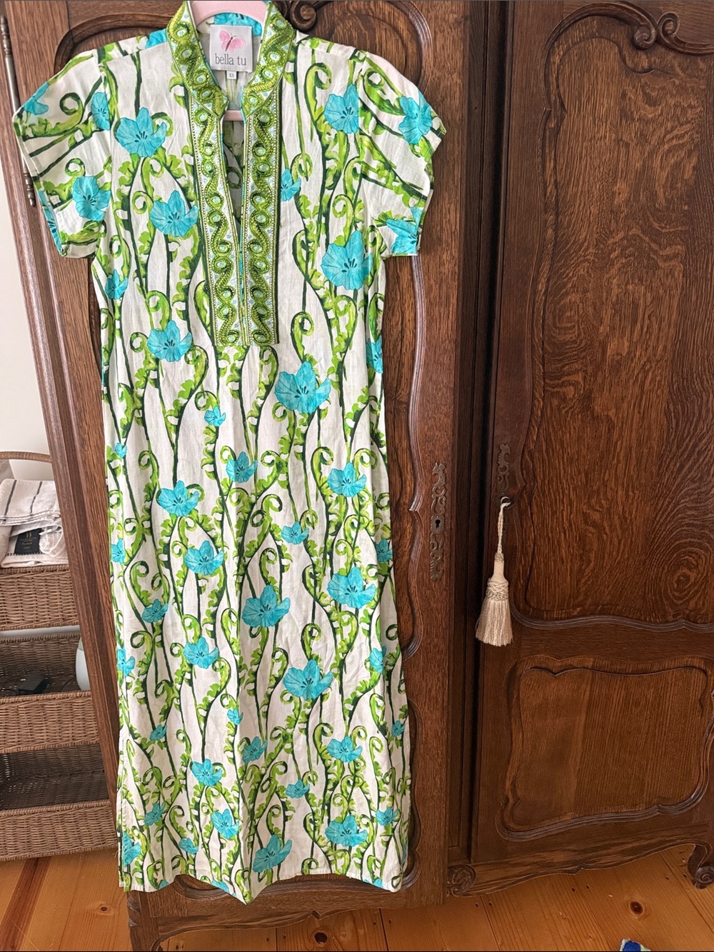Bella Tu White Dress with Blue Floral Embroidery - brand new without tags